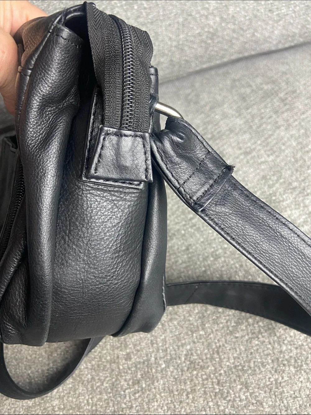 Black Leather Messenger Bag with Front Zip Pocket Unisex